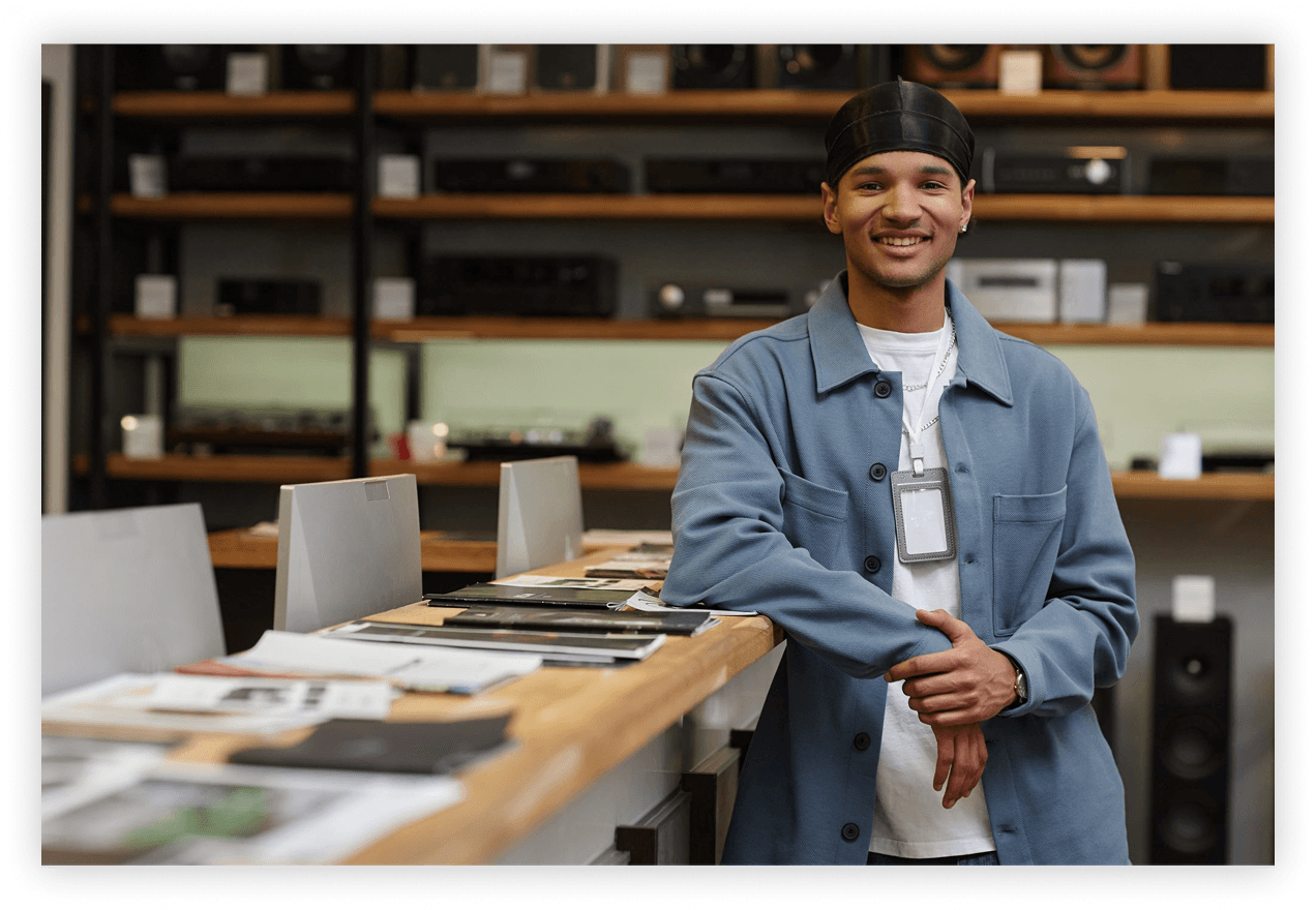 Retail merchant assisting a customer in a store